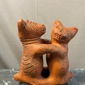Vintage Mexican Redware Pottery 2 Colima Dogs Dancing / Kissing 6" X 6" Figurine
